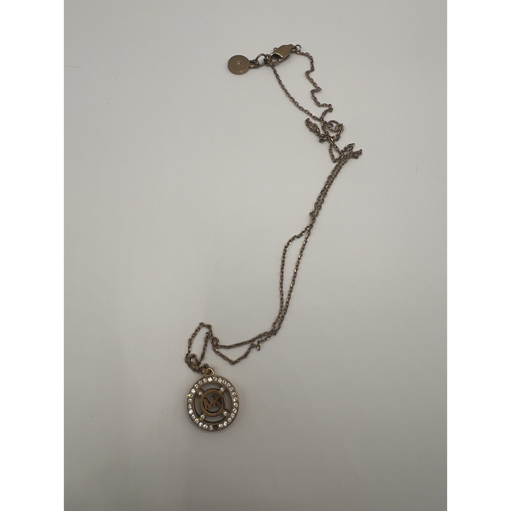 Michael Kors Gold Tone MK Logo Circle Pendant Necklace Crystal Accent